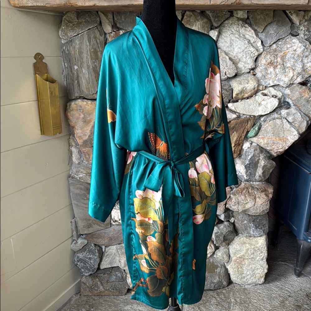 Silk-Feel Teal Floral Kimono Robe - Picture 4 of 16